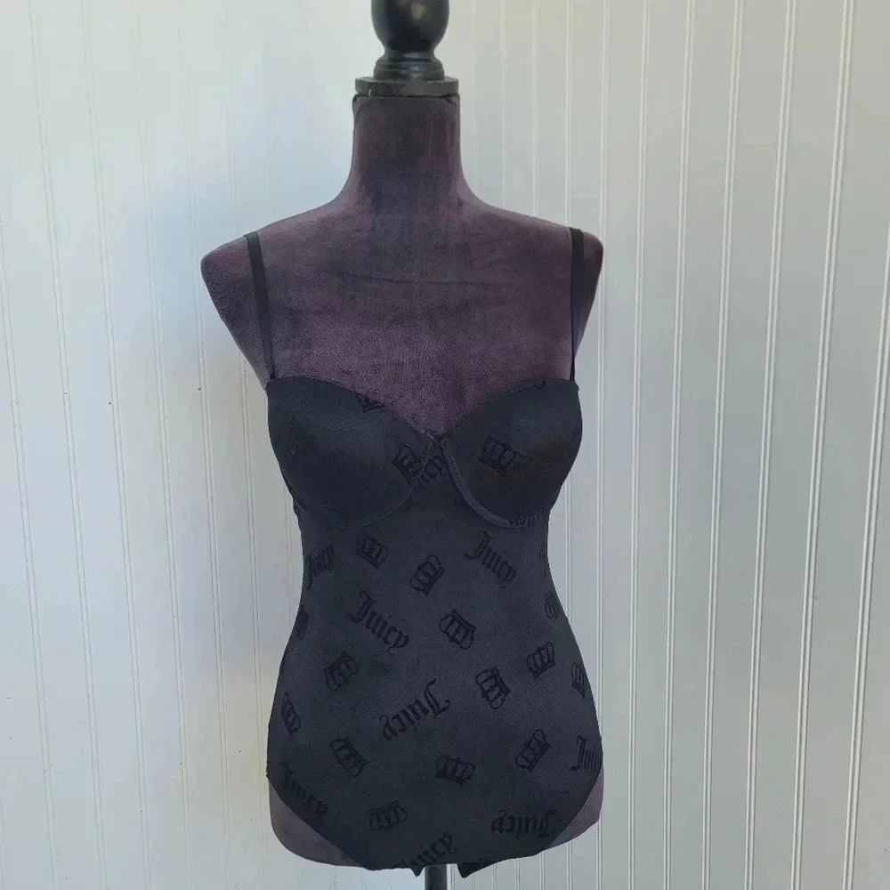 Juicy Couture Black Mesh Logo Bodysuit Lingerie Babydoll Intimates Large